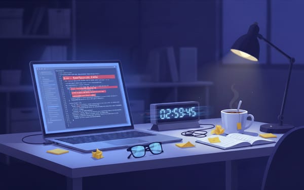 Dimly lit desk at night with a laptop full of red error messages and a digital clock reading 02:59:45