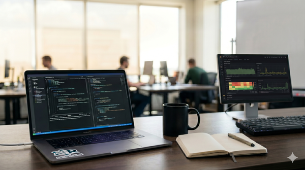 Code on a laptop and data on a monitor, set in a blurred modern open-plan office.