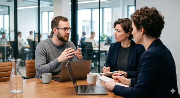 candidate explaining RAG system architecture to focused interviewers in a modern tech office. No text.